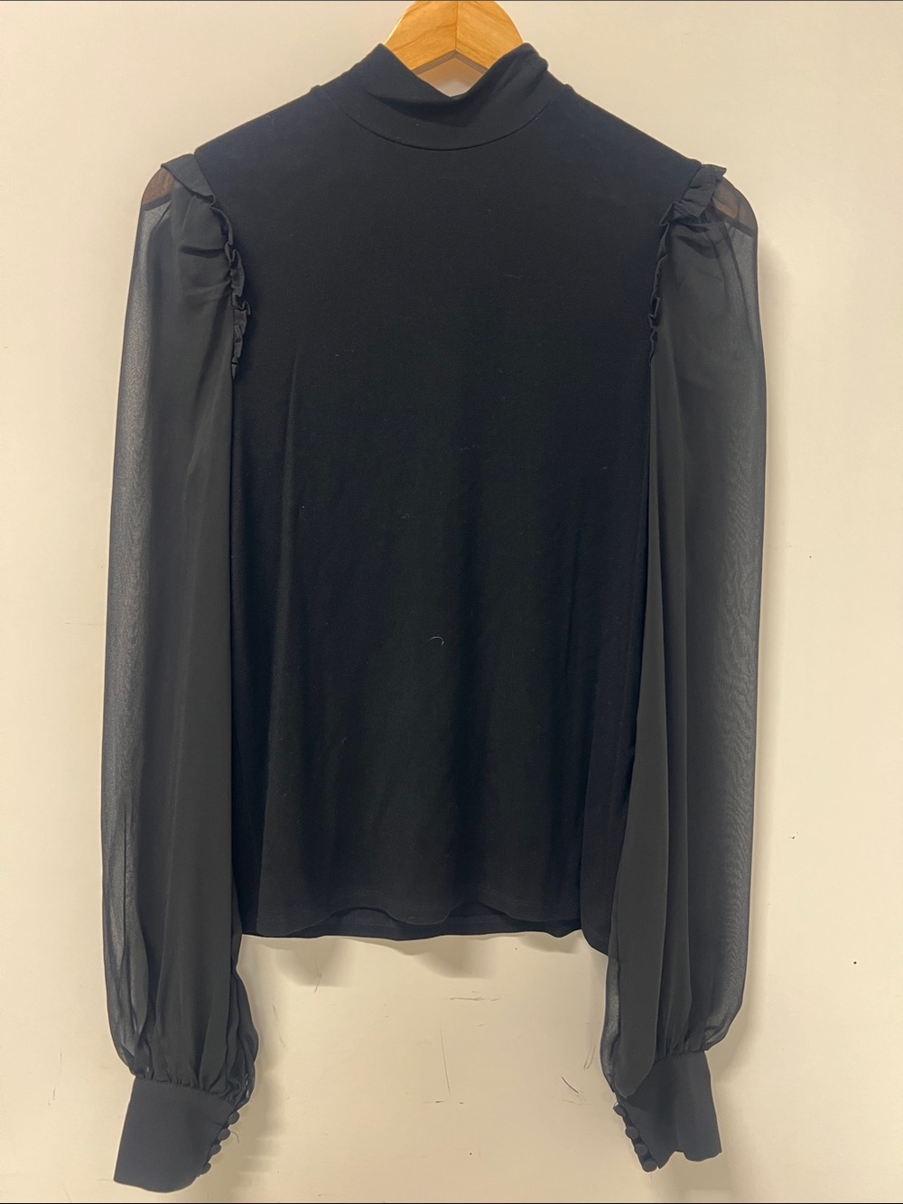 Generation Love, Top, Black, Mock Neck, Ruffle on Shoulder, Sheer Sleeve, XSmall